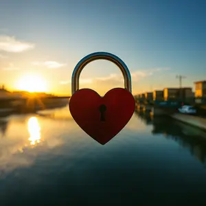 golden sunrise with heart-shaped lock on morning bridge (river below) — vibrant love morning wallpaper