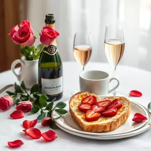 captivating romantic morning breakfast tray with roses, strawberries — couple morning photo wallpaper