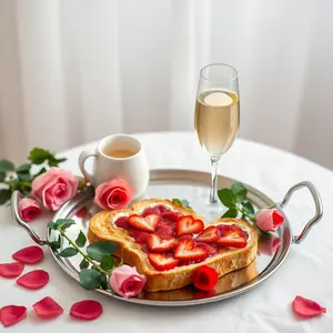 sweet love greeting photo featuring elegant heart-shaped toast with romantic morning breakfast tray with roses (strawberries)