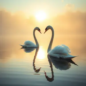 two swans forming heart shape on misty morning lake, eternal love, warm heart morning image greeting card