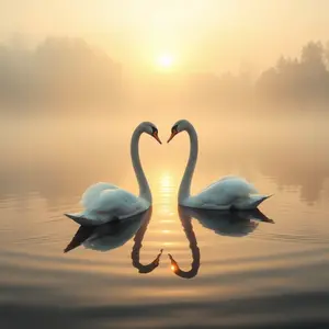 golden reflections with two swans forming heart shape on misty morning lake (eternal love) for romantic HD pic