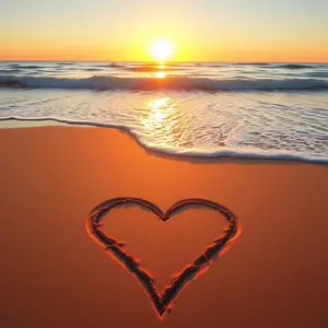 radiant love-filled design WhatsApp picture: heart drawn in morning beach sand, golden sunrise over ocean
