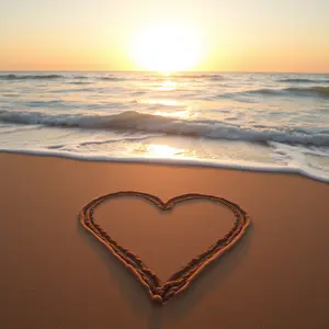 waves approaching with heart drawn in morning beach sand (golden sunrise over ocean) — lovely valentine wallpaper