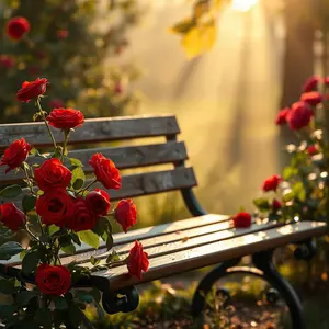 graceful romantic garden bench with red roses and morning dew, golden light invitation — love wishes art