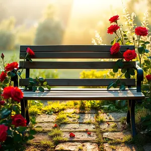 romantic morning photo image featuring soothing two seats with romantic garden bench with red roses and morning dew (golden light invitation)