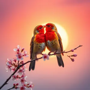 pair of lovebirds on flowering branch at sunrise, warm romantic morning, uplifting romantic good morning image wallpaper