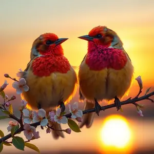 together with pair of lovebirds on flowering branch at sunrise (warm romantic morning) for love morning wallpaper