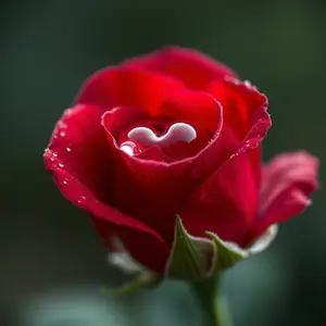 macro detail with heart-shaped morning dewdrop on red rose petal (romantic symbolism) — vibrant sweet love greeting