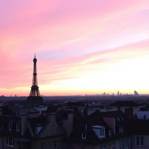 romantic HD pic graphic featuring elegant Eiffel Tower silhouette with romantic sunrise over Paris rooftops (pink sky)