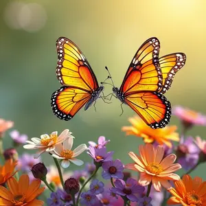 two butterflies dancing together over morning flowers, warm love-filled design art