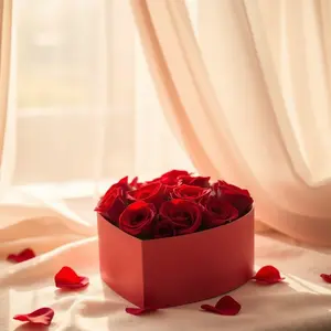 morning light through curtain with red roses in heart-shaped box (romantic gift scene) — lovely romantic morning photo