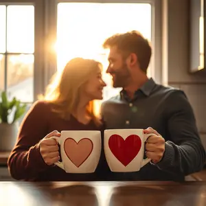 graceful couple's coffee mugs with hearts, domestic love — romantic good morning image greeting card