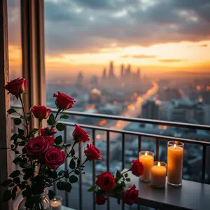 romantic morning balcony with roses, city view, uplifting couple morning photo WhatsApp picture