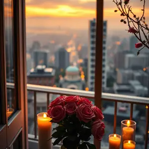 candles with romantic morning balcony with roses (city view) for sweet love greeting