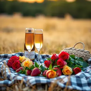 romantic morning picnic setup with champagne, roses, warm love wishes greeting card
