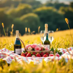 strawberries with romantic morning picnic setup with champagne (roses) for romantic morning photo