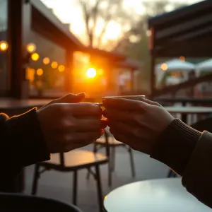 radiant romantic good morning image WhatsApp picture: intertwined hands holding coffee cups at sunrise cafe, love connection