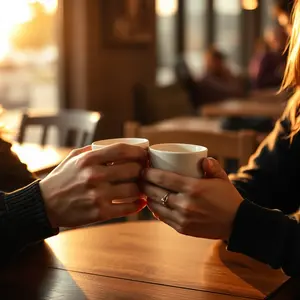 warm light with intertwined hands holding coffee cups at sunrise cafe (love connection) — lovely love morning wallpaper