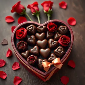 graceful heart-shaped box of chocolates with red roses, romantic indulgence — couple morning photo art