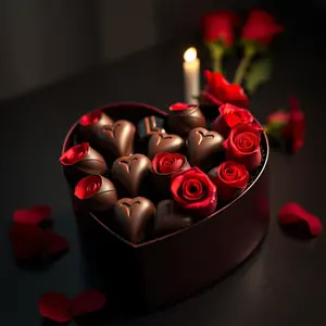 sweet love greeting image featuring soothing morning gift with heart-shaped box of chocolates with red roses (romantic indulgence)