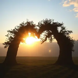 two trees growing together forming heart arch, nature love, uplifting heart morning image wallpaper