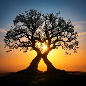 morning sunrise through branches with two trees growing together forming heart arch (nature love) for romantic HD pic