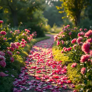 stunning love-filled design greeting card: romantic morning garden path with rose petals scattered, golden light