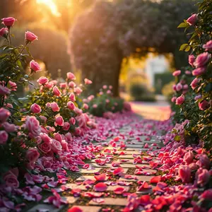 fairy tale atmosphere with romantic morning garden path with rose petals scattered (golden light) — vibrant valentine wallpaper