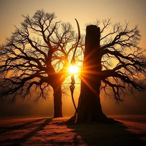 good morning ram images wallpaper graphic featuring elegant majestic golden bow leaning against sacred tree at sunrise - good morning ram images