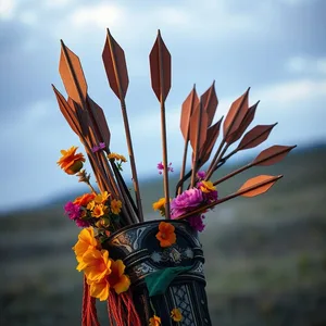 ornate sacred quiver of arrows decorated with flowers at dawn - good morning ram images, warm good morning ram images photo art