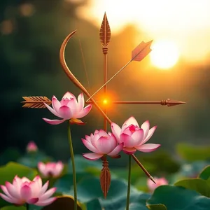 graceful morning sacred bow and arrow with lotus flowers — good morning ram images design greeting card