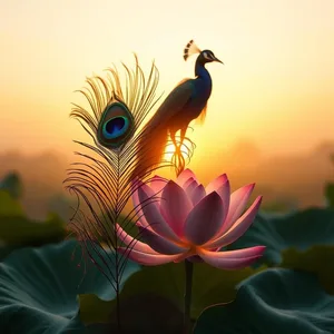 sacred peacock feather and lotus at sunrise, uplifting good morning ram images image WhatsApp picture