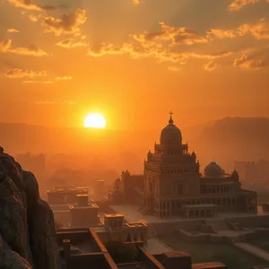 golden sunrise over ancient royal city, warm good morning ram images design greeting card