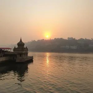 sacred Ayodhya riverside ghat at sunrise, uplifting good morning ram images wishes wallpaper