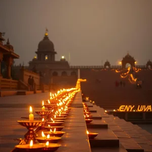 row of golden diyas on steps - good morning ram images with morning lamp procession — vibrant good morning ram images download
