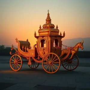 good morning ram images wallpaper graphic featuring elegant divine vehicle with ornate sacred golden chariot at sunrise (royal morning - good morning ram images)