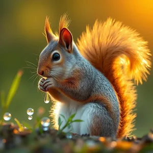 sacred squirrel with morning dewdrops, warm good morning ram images photo art