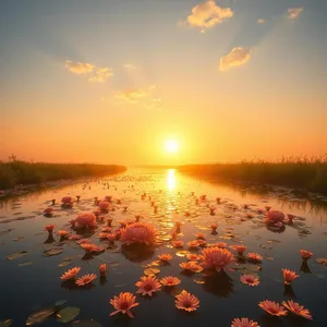 radiant good morning ram images wishes wallpaper: golden sunrise over sacred river with floating flowers - good morning ram images