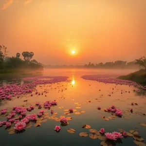 golden sunrise over sacred river with floating flowers - good morning ram images — lovely good morning ram images HD pic
