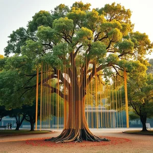 graceful morning sacred banyan tree with prayer threads — good morning ram images design greeting card