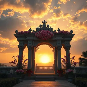 stunning good morning ram images photo art: ornate temple arch with flowers at sunrise