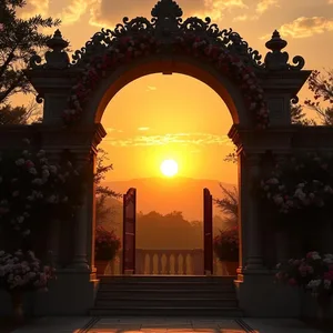 divine entrance - good morning ram images with ornate temple arch with flowers at sunrise — vibrant good morning ram images greeting
