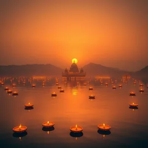 captivating sunrise over sacred lake with floating diyas - good morning ram images — good morning ram images image WhatsApp picture