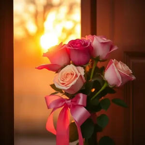 pink bow with morning gift of fresh roses left at door (dewdrops on petals - good morning sister images) for good morning sister images greeting