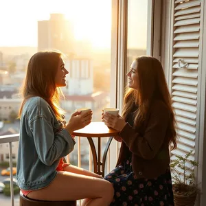 laughing with two girls sharing morning coffee on sunny balcony (city view - good morning sister images) — lovely good morning sister images HD pic
