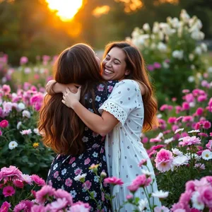 best friends hug in blooming garden at dawn, uplifting good morning sister images image WhatsApp picture