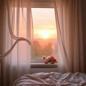white curtains fluttering - good morning sister images with sunrise over girls' bedroom — vibrant good morning sister images greeting