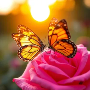 two butterflies on rose at sunrise, warm good morning sister images design greeting card