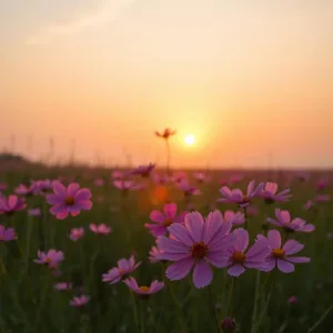 graceful sunrise over field of pink cosmos flowers — good morning sister images design greeting card