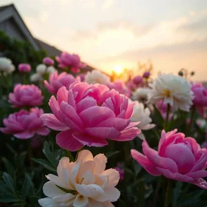 sunrise over pink and white peony garden, warm good morning sister images design greeting card